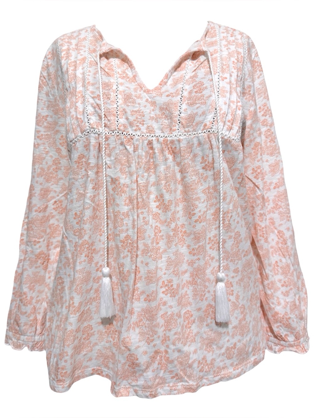 Lucky Brand Vintage Floral 3/4 Sleeves Peasant Top Size Small Orange White